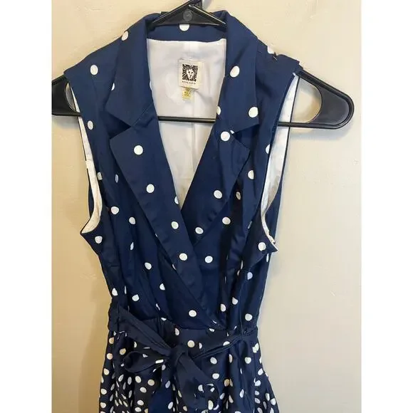 Anne Klein Navy Blue Polka Dot Sleeveless Midi Length Summer Dress Size 10 - Picture 7 of 10